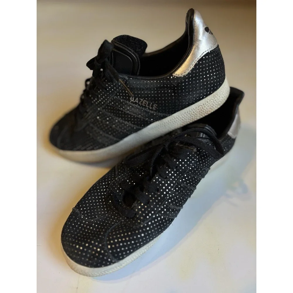 Adidas Gazelle Black Silver Metallic Women's Size‎ 6.5 Lace Up Tennis Shoe Logo
